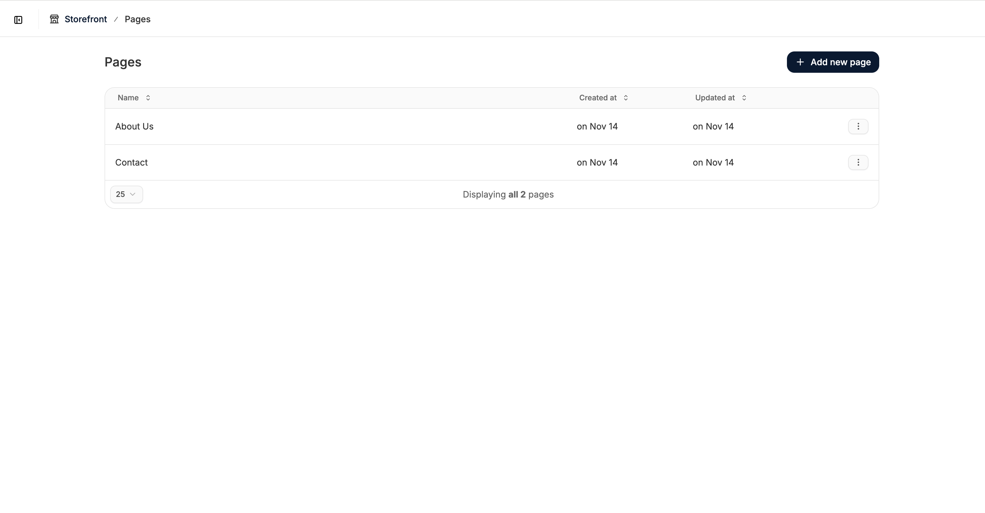 Pages tab in the Spree Commerce admin dashboard