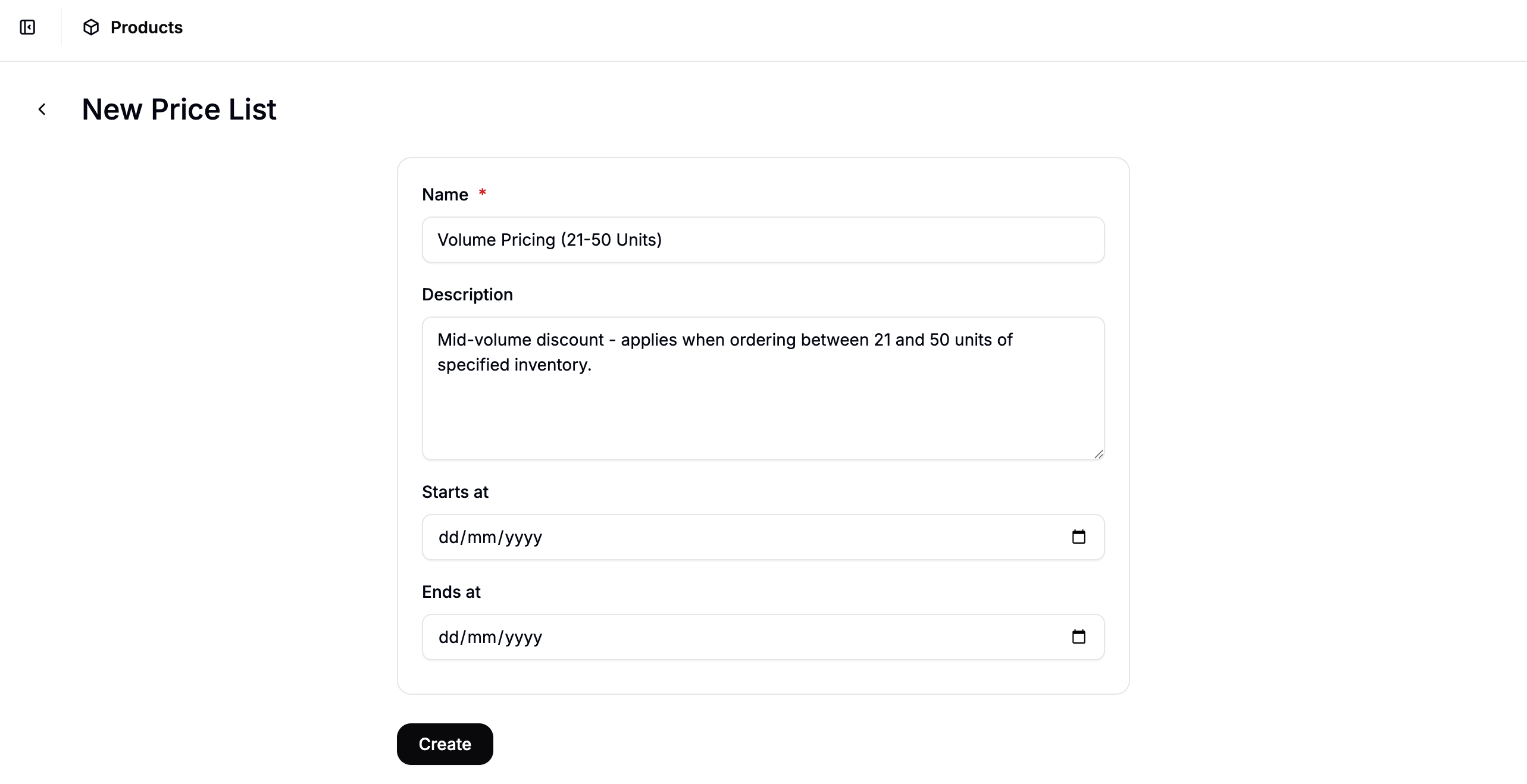 The New Price List form in Spree Commerce