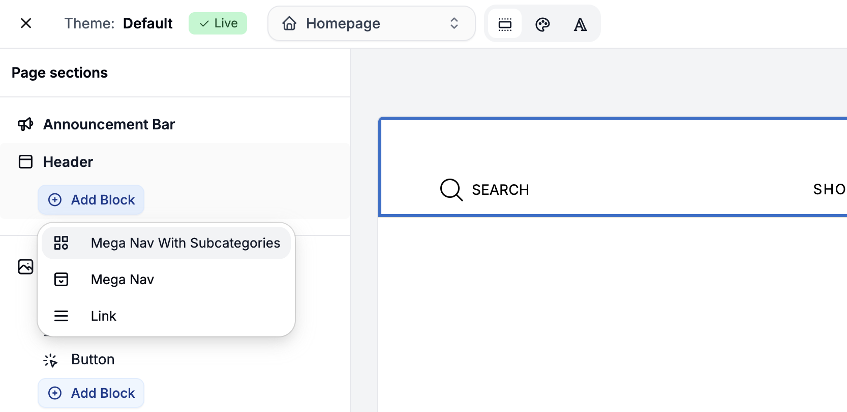 Adding blocks to the header in the Spree Commerce theme editor