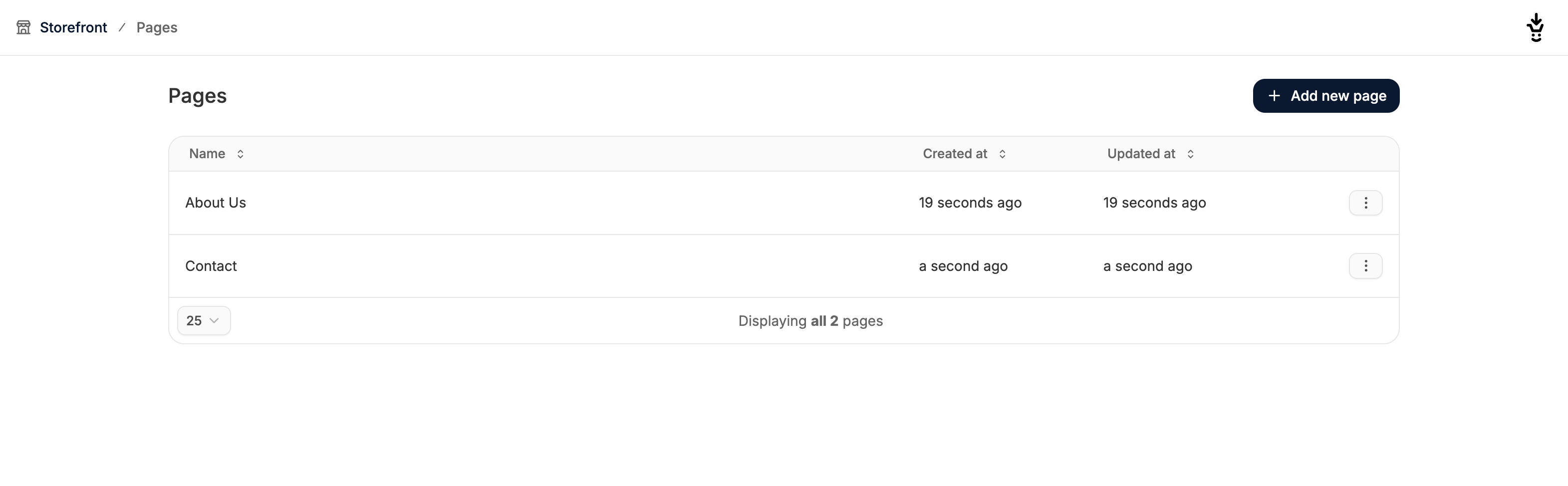 A dashboard tab showing page management UI