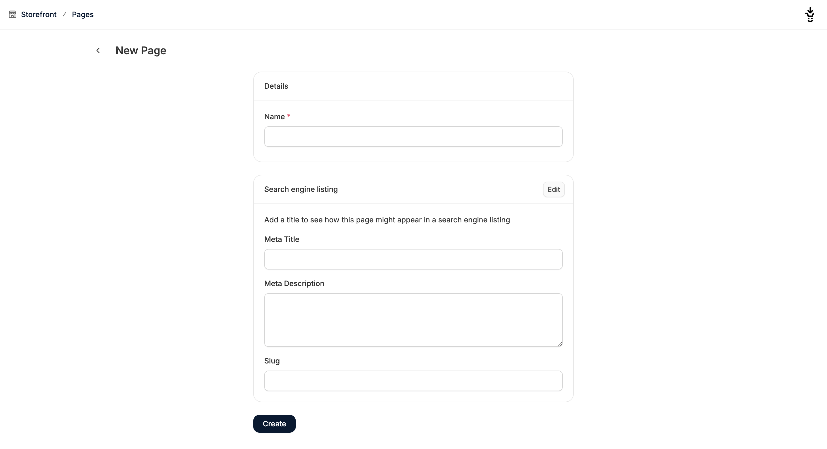 Ecommerce dashboard showing a page creation form