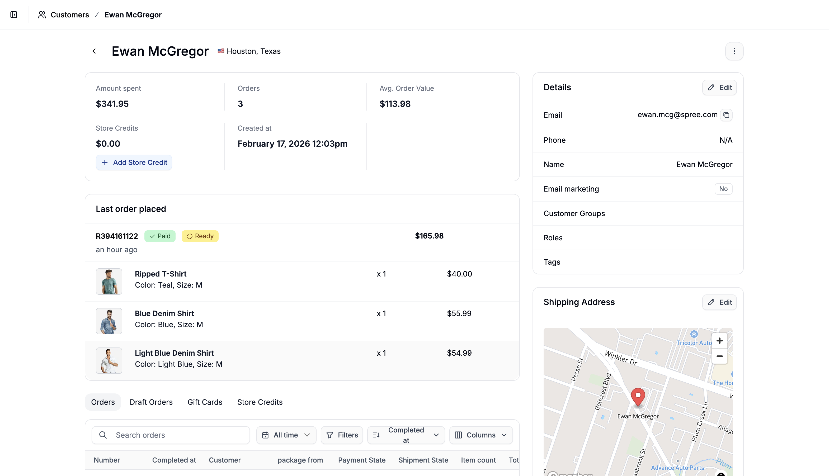Finding a customer to assign store credits to in the Spree dashboard