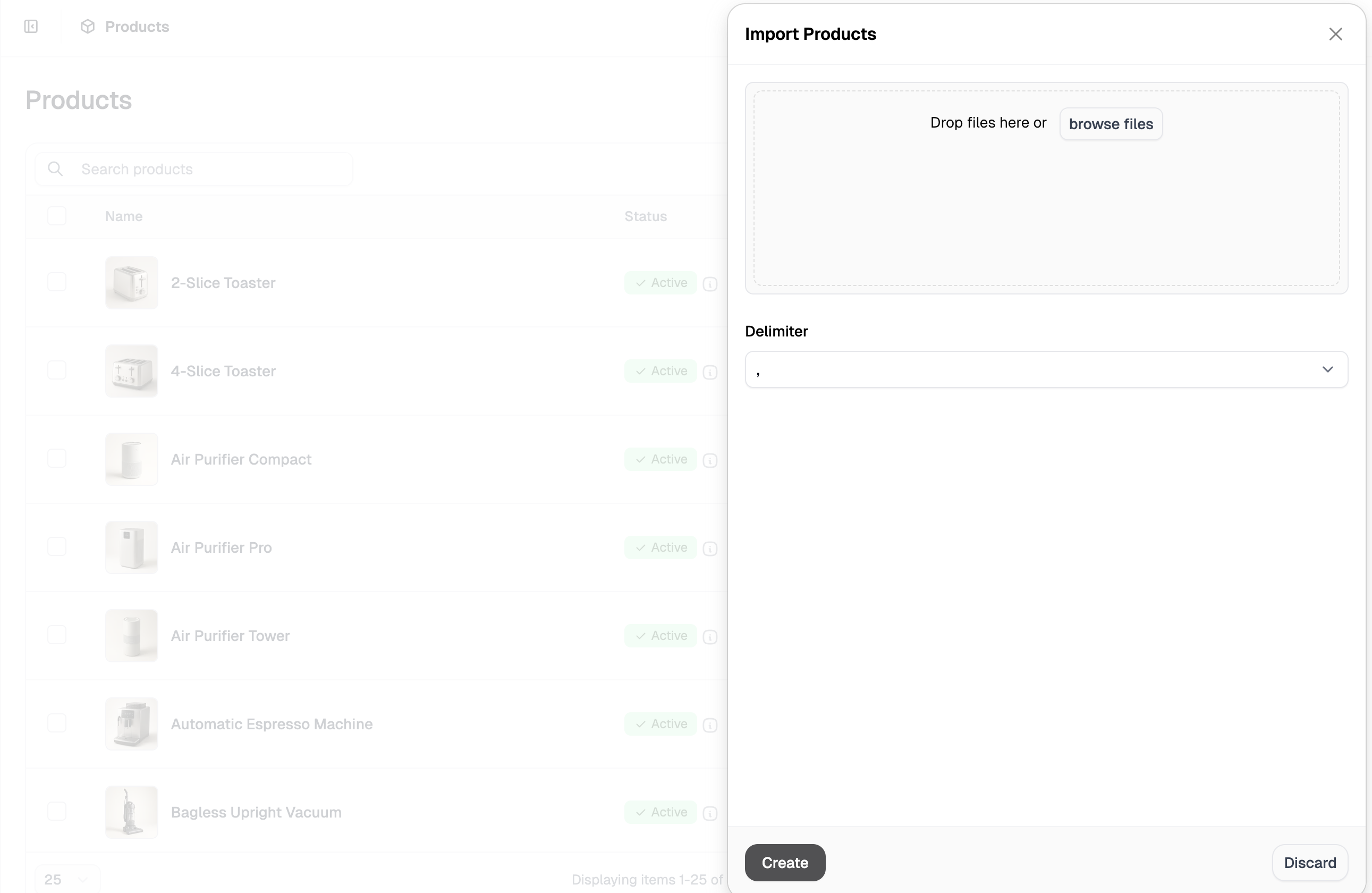 The import side panel on the Products tab