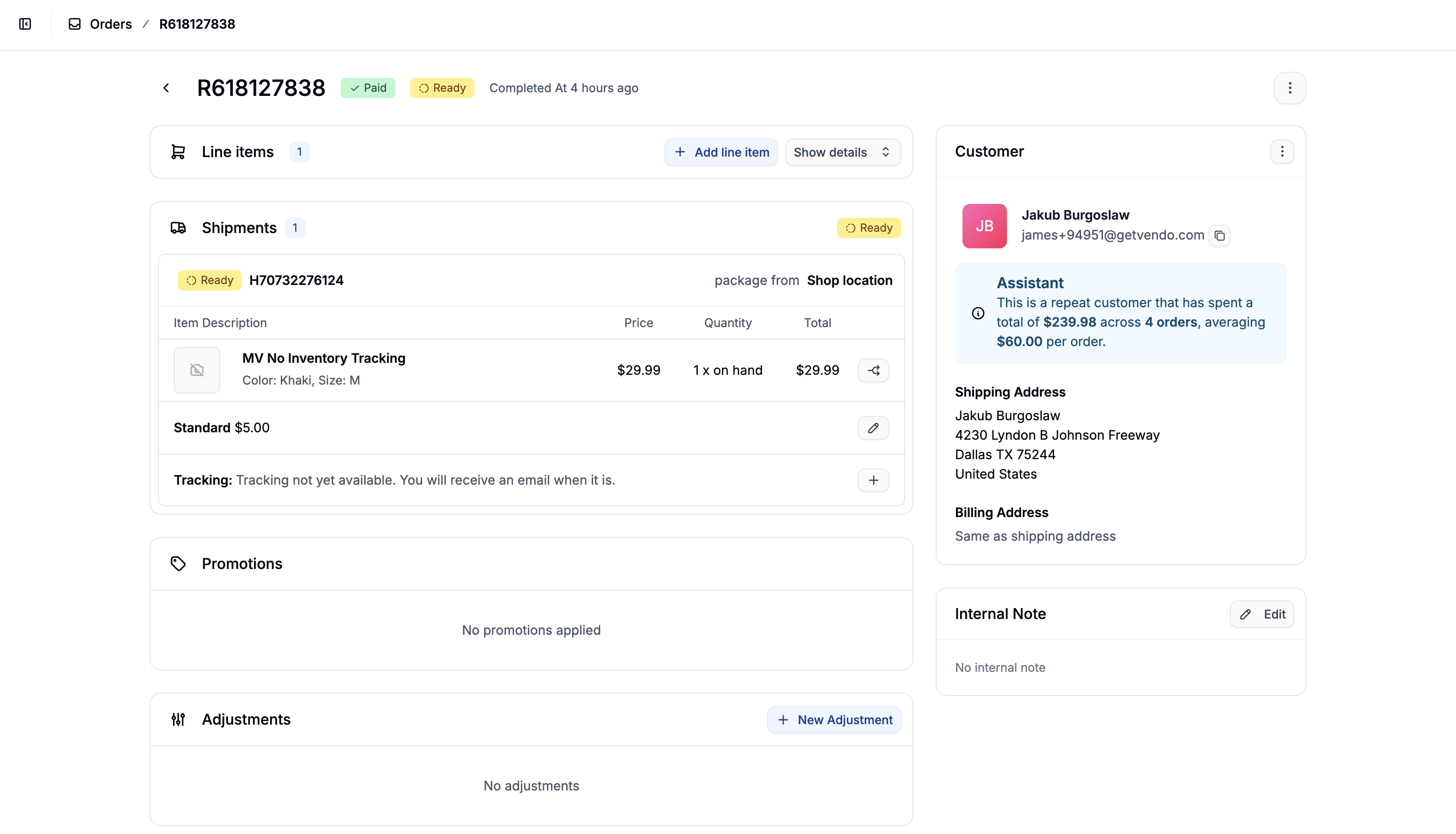 An order details overview in Spree Commerce admin dashboard