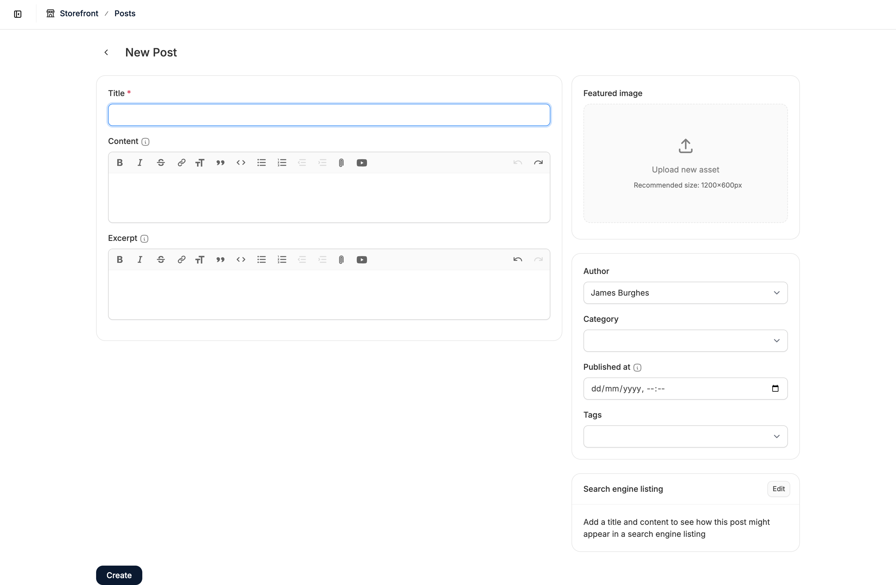 The Post creation form in the Spree Commerce dashboard