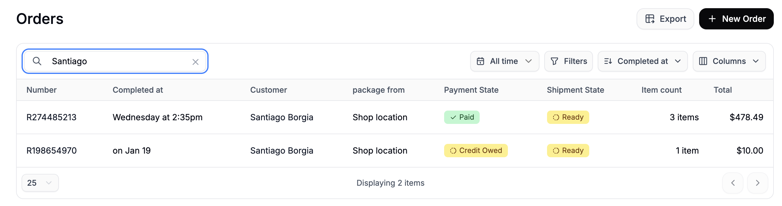 The order search bar in the Spree Commerce dashboard