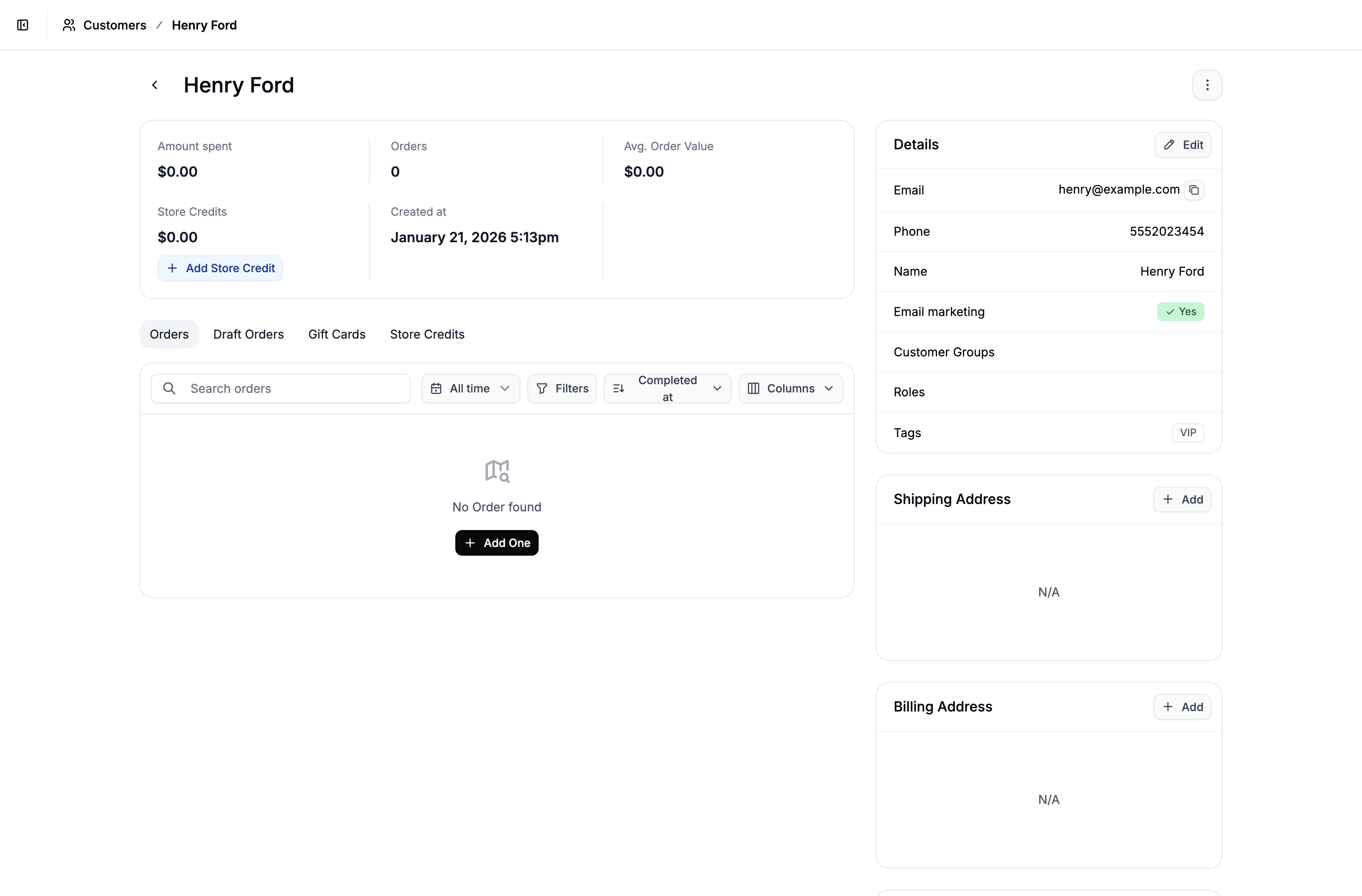 Customer profile in the Spree Commerce dashboard