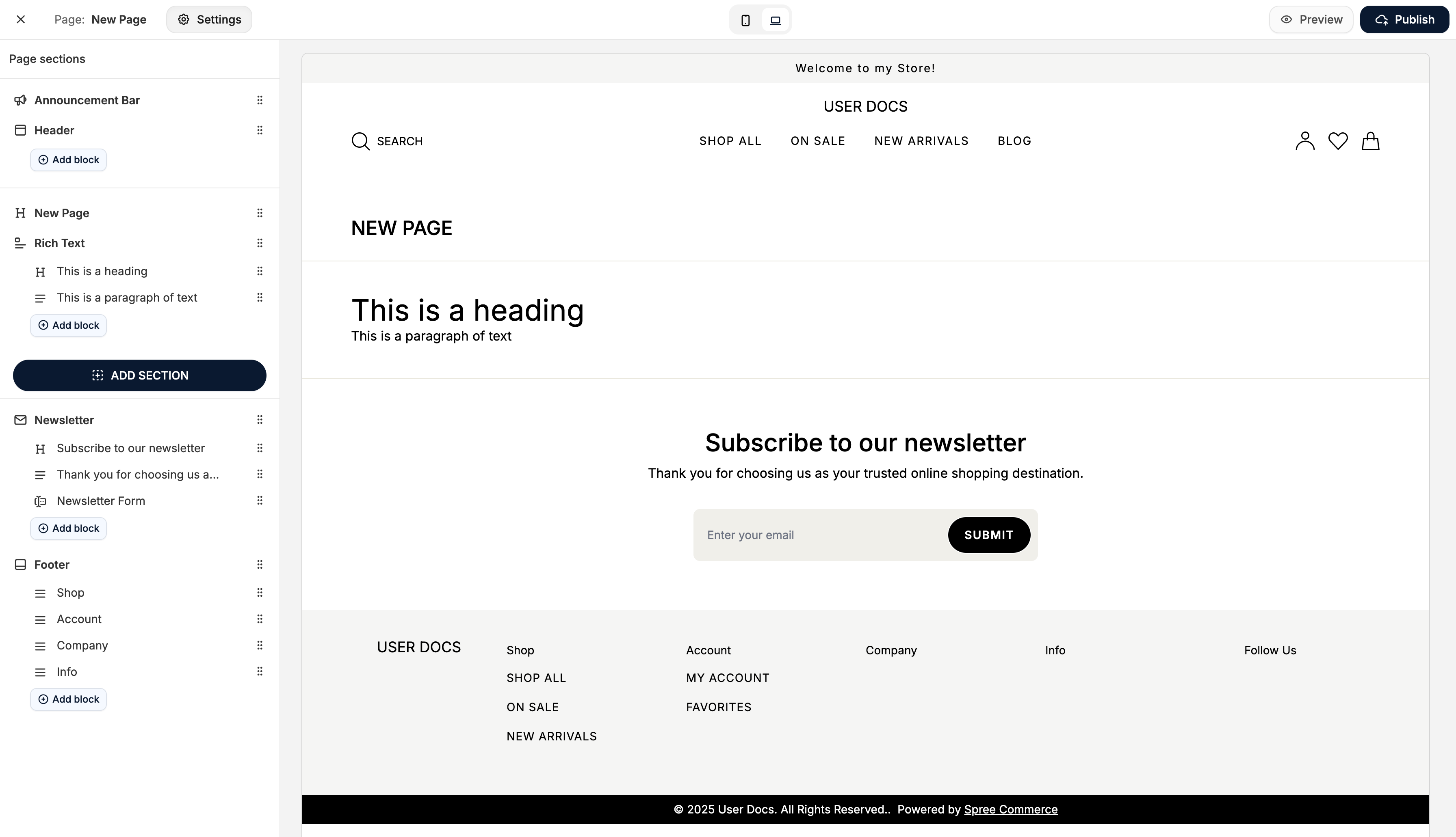 A new page in the Spree Commerce theme editor