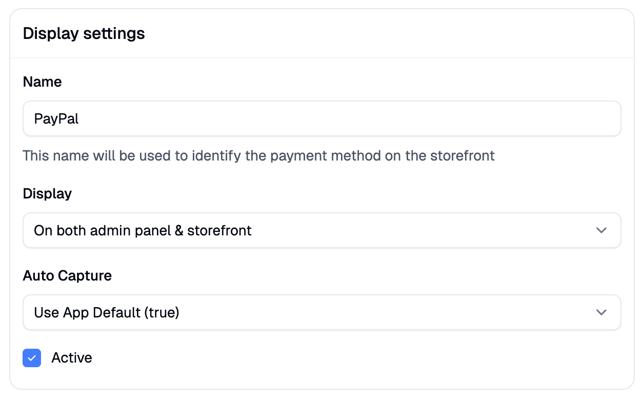 The PayPal Additional Settings panel after the payment method is created