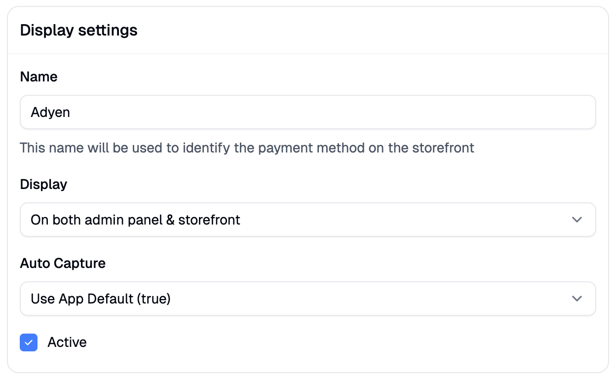 The Adyen Additional Settings panel after the payment method is created