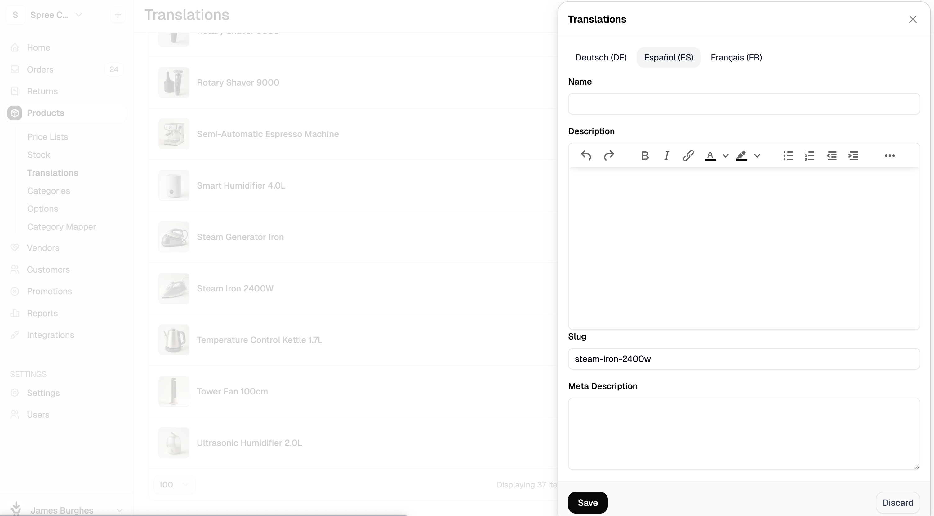 Translation side panel allowing users to edit locale translations for products