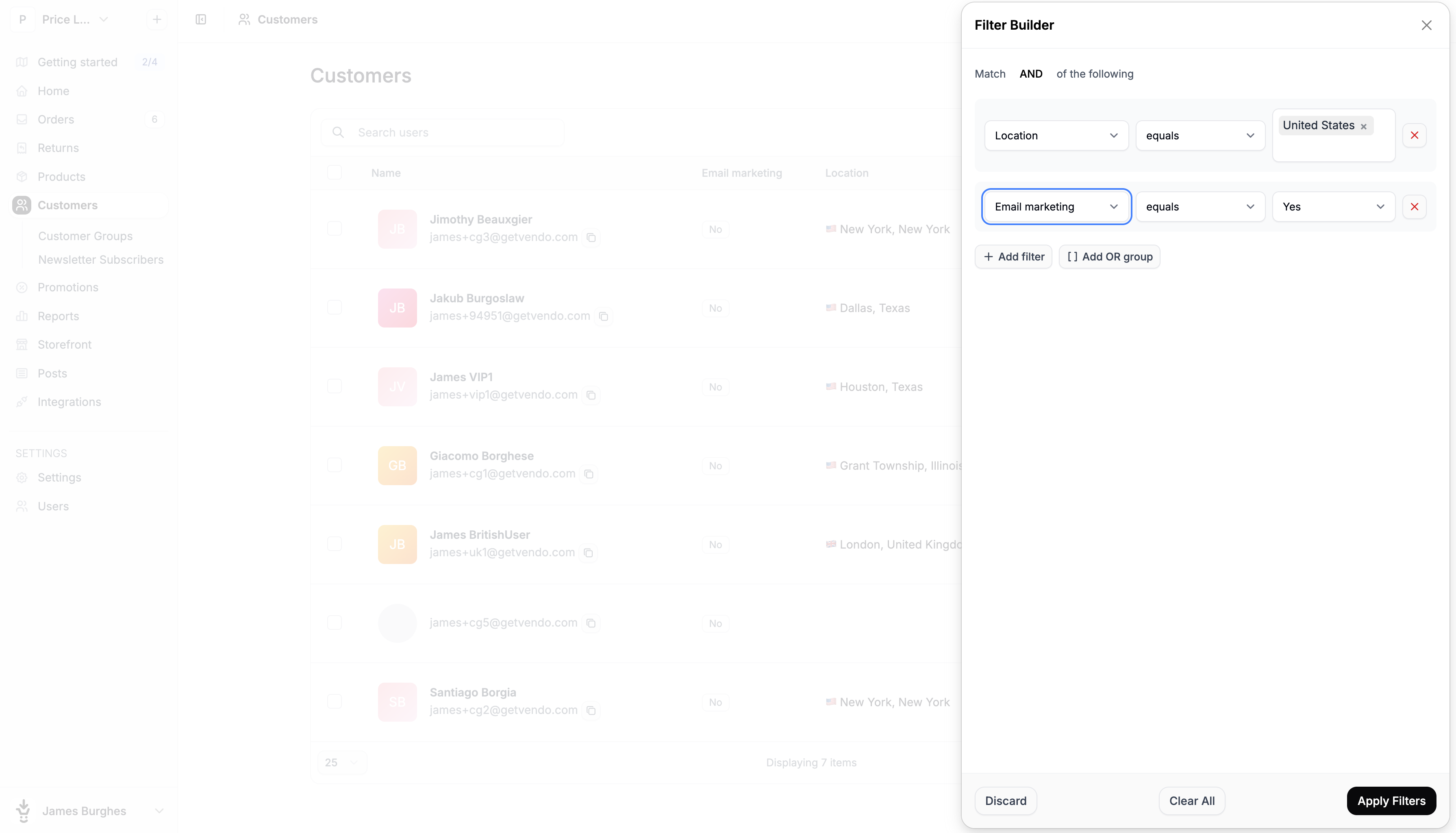 Applying filters to the customer table in the Spree admin dashboard