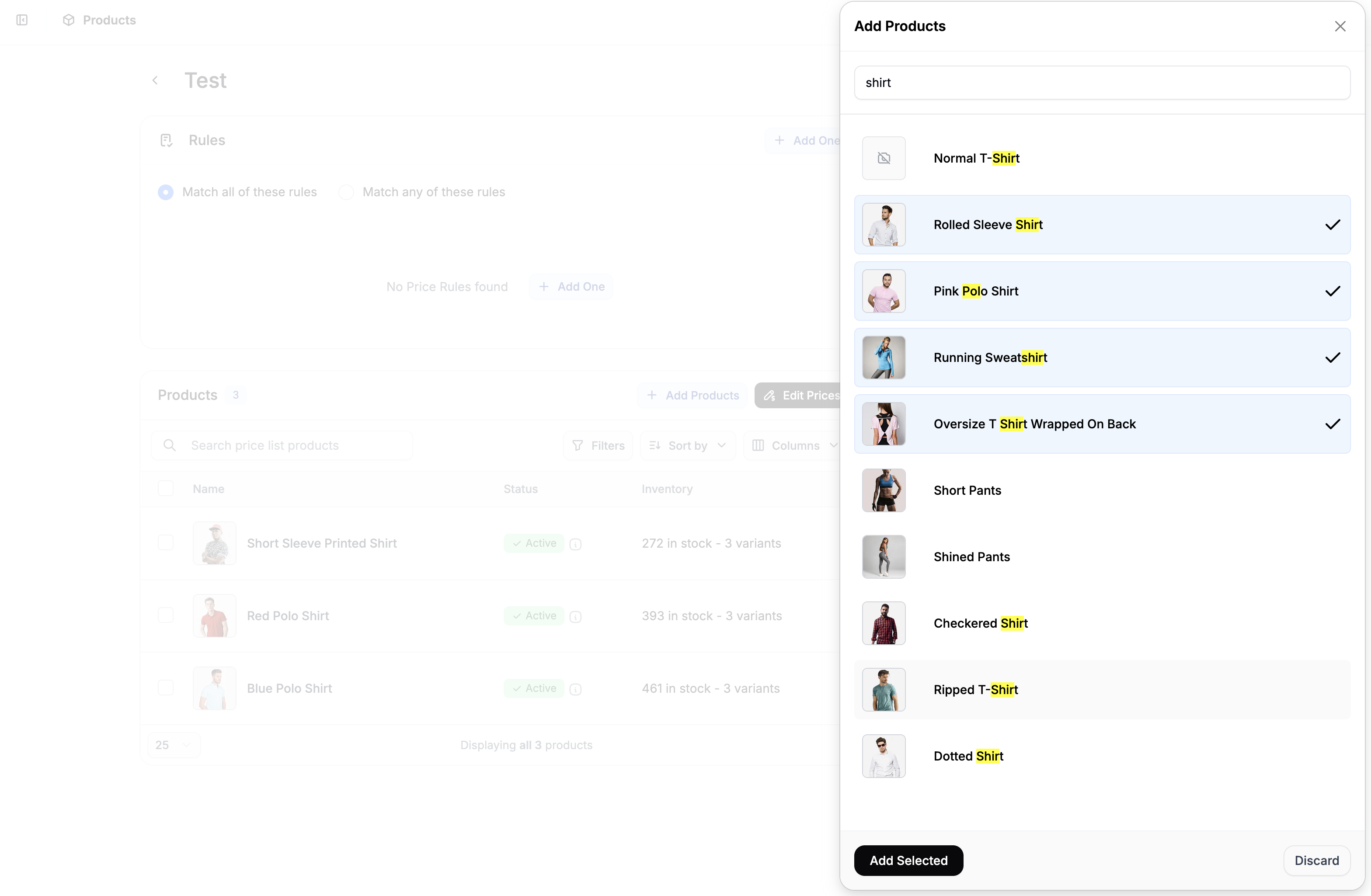 Selecting products to add to a price list in Spree Commerce