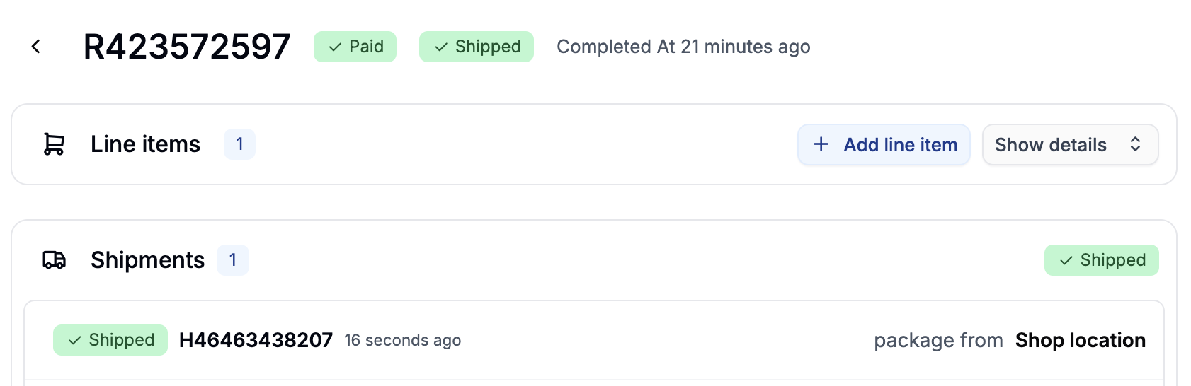 A completed orders in the Spree Commerce dashboard